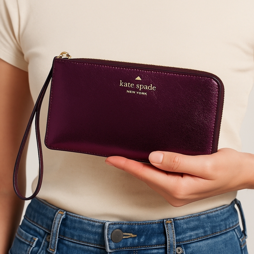 Kate Spade Metallic Purple Wristlet Wallet Clutch‎ Zip Leather